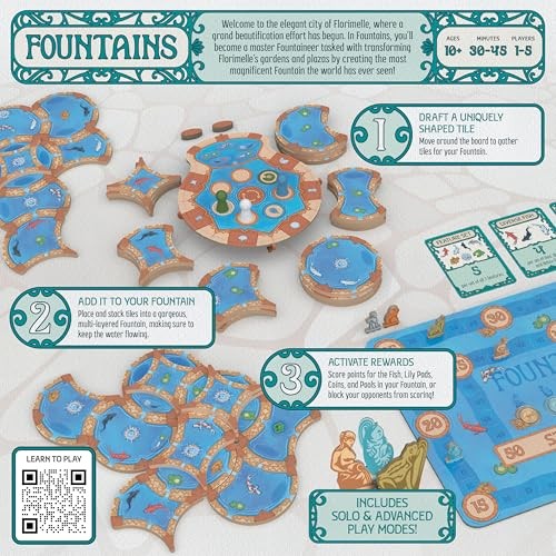 USAOPOLY Fountains Board Game, 1-5 Players, Strategy Tile-Laying