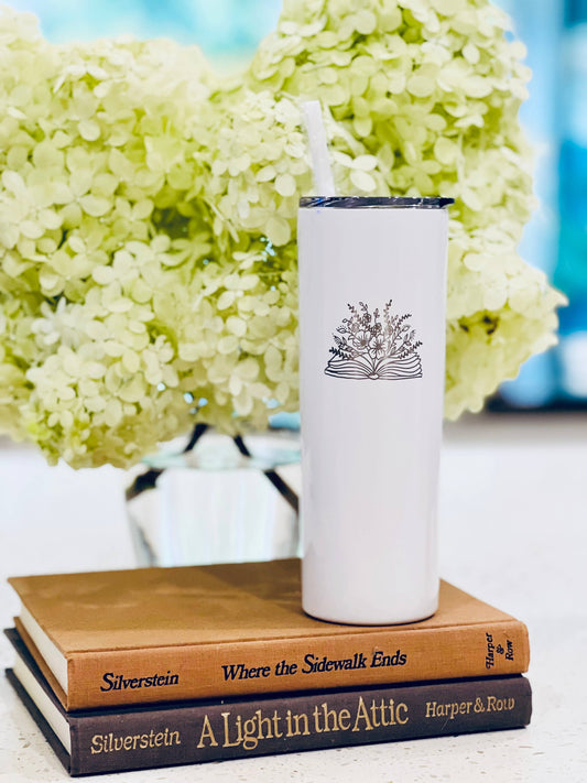 Floral Book Engraved Tumbler - 20 oz. - Book Lover