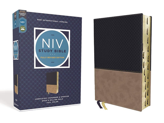 NIV Study Bible, Fully Revised Edition (Study Deeply. Believe Wholeheartedly.), Leathersoft, Navy/Tan, Red Letter, Thumb Indexed, Comfort Print cover image