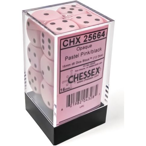 Chessex 16mm Pastel Pink D6 Dice Cube, Pack of 12