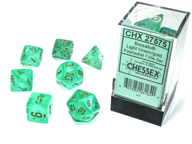 Chessex Borealis Poly Dice Set - Green/Gold, 7 Dice